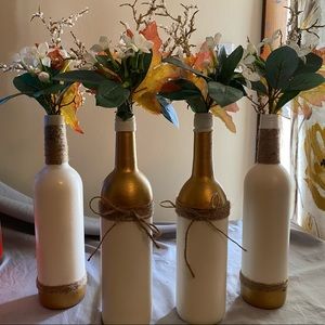 Set of 4 hand painted rustic wine bottle vases